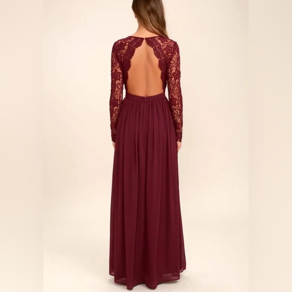 Lulus burgundy awaken my love long sleeve lace, backless dress